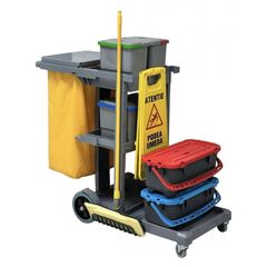 Carucior curatenie in spital pentru mop talpa DacEnergy©, plastic, cadru cu roti mari, 2 galeti etanse de 20L, 4 galeti de 8L, cadru sac cu capac-Dacenergy.ro