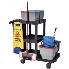 Carucior pentru curatenie DacEnergy©, sac din PVC , 4 galeti de 8 L, 2 galeti de 22 L, cadru sac cu capac, spatiu depozitare produse de curatenie, storcator profesional tip presa-Dacenergy.ro