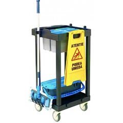 Carucior pentru curatenie DacEnergy©, 4 galeti de 5 L cu site pentru dozare, 1 galeata etansa pt mopuri plate preimpregnate, cu agatatoare, 4 roti-Dacenergy.ro