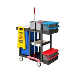 ​Carucior pentru curatenie in spital DacEnergy©, 2 galeti etanse de 20 L cu site de dozare, 4 galeti de 8L, cadru sac cu capac, spatiu depozitare produse de curatenie-Dacenergy.ro