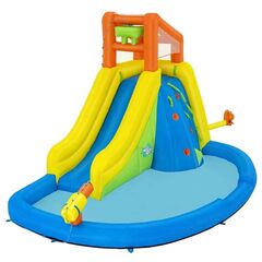 ​Centru de joaca gonflabil Bestway, confectionat din poliester acoperit cu PVC, perete de catarat, tobogan cu apa, piscina, tun cu apa, sarcina maxima 270 kg, 435 x 286 x 267 cm-Dacenergy.ro