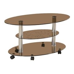 Masuta living DacEnergy©, schelet metalic, finisaj cromat, 3 blaturi din sticla securizata fumurie, forma ovala, 90 x 55 x 44 cm-Dacenergy.ro