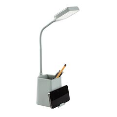 ​Veioza LED, realizata din plastic, suport pentru telefon si creioane, LED integrata, 6 W, lumina rece, 300 lm, reglare a luminozitatii in 3 trepte prin comutator tactil, albastra-Dacenergy.ro