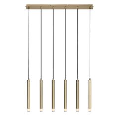 ​Lustra, corp din metal si abajururi acrilice transparente, sase capete cilindrice, forma tubulara si diametru redus, aranjate linear, unul langa altul, G9, 5 W, IP20, 1200 x 770 x 80 mm, auriu-Dacenergy.ro
