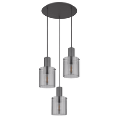 Suspensie, realizat din metal, trei abajururi din sticla fumurie, 480 x 1500 mm, IP20, 3 surse cu soclu E27, gri inchis-Dacenergy.ro