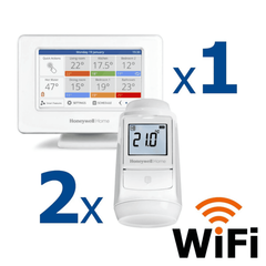 Kit termostat de ambient si 2 capete termostat smart pentru calorifer Honeywell Home, Wi-Fi, control de la distanta, siguranta pentru copii, detectare fereastra deschisa, protectie la inghet, afisaj digital, Numar piese: 3-Dacenergy.ro