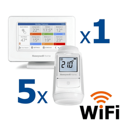 Kit termostat de ambient si 5 capete termostat smart pentru calorifer Honeywell Home, Wi-Fi, control de la distanta, siguranta pentru copii, detectare fereastra deschisa, protectie la inghet, afisaj digital, Numar piese: 6-Dacenergy.ro