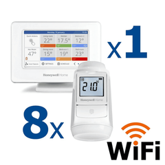 Kit termostat de ambient si 8 capete termostat smart pentru calorifer Honeywell Home, Wi-Fi, control de la distanta, siguranta pentru copii, detectare fereastra deschisa, protectie la inghet, afisaj digital, Numar piese: 9-Dacenergy.ro