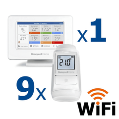 Kit termostat de ambient si 9 capete termostat smart pentru calorifer Honeywell Home, Wi-Fi, control de la distanta, siguranta pentru copii, detectare fereastra deschisa, protectie la inghet, afisaj digital, Numar piese: 10-Dacenergy.ro