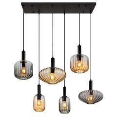 Suspensie, realizata din metal, design elegant, 6 abajururi suspendate, 3 nuanta chihlimbar si 3 fumurii, E27, 1000 x 470 x 1500 mm, negru-Dacenergy.ro