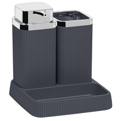 Set accesorii baie, realizat din materiale calitative, ABS si polistiren, dozator sapun, pahar baie, savoniera, finisaj antracit si cromat, Culoare: Antracit, Cromat-Dacenergy.ro