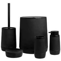 Set accesorii baie, realizat din plastic, cos gunoi, perie WC, dozator sapun lichid, pahar baie pentru igiena personala si sapuniera, negru, 5 piese, Culoare: Negru-Dacenergy.ro