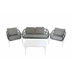 ​Set mobilier gradina DacEnergy©, din aluminiu si franghie PE, cu perne, 2 fotolii, o canapea cu 2 locuri, o masa, forma dreptunghiulara, gri albastrui si alb-Dacenergy.ro