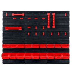 Tabla de scule pentru atelier, 9 cuve mici, 9 cuve mari, 2 rafturi, 16 suporturi si carlige, 1 set de suporturi pentru chei, design modular, 96 x 76 cm, Culoare: Rosu,  Negru, Lungime: 96 cm-Dacenergy.ro