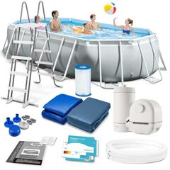 Piscina cu cadru, PVC 3 straturi, pompa filtrare, scara, prelata si covoras de protectie, 13365 litri, 503 x 274 x 122 cm, albastru si alb-Dacenergy.ro