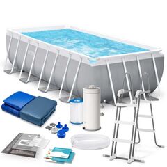 Piscina cu cadru, PVC 3 straturi, pompa filtrare, scara metalica, prelata si folie protectie, 10874 litri, 488 x 244 x 107 cm, albastru si alb-Dacenergy.ro