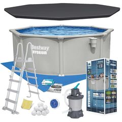 Piscina panou otel Bestway, 366 x 122 cm, 10990 litri, pompa filtrare 3596 l/h, filtru nisip si sticla, acoperire Polar-Shield protectie UV, scara siguranta, dozator chimie Chemconnect, bile filtrare Polysphere-Dacenergy.ro