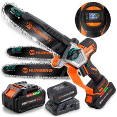 Fierastrau de ramuri cu acumulator Humberg, motor fara perii 850W, 4Ah 21V, 2 sine ghidare 8 + 10 inch, 2 lanturi, ungere automata, tensionare rapida, 5 kg-Dacenergy.ro