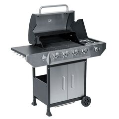 Gratar pe gaz gradina Berdsen, 4+1 arzatoare, grila fonta 62 x 42 cm, capac cu termometru, tava colectare grasime, dulap depozitare, roti transport, 126.5 x 114 x 58.5 cm, gri-Dacenergy.ro