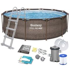Piscina Supraterana cu Cadru Metalic Bestway, Rotunda, 366x100 cm, 9150 l, Pompa Filtrare 2006 l/h 29 W, Scara Inclusa, Design Ratan, Maro-Dacenergy.ro