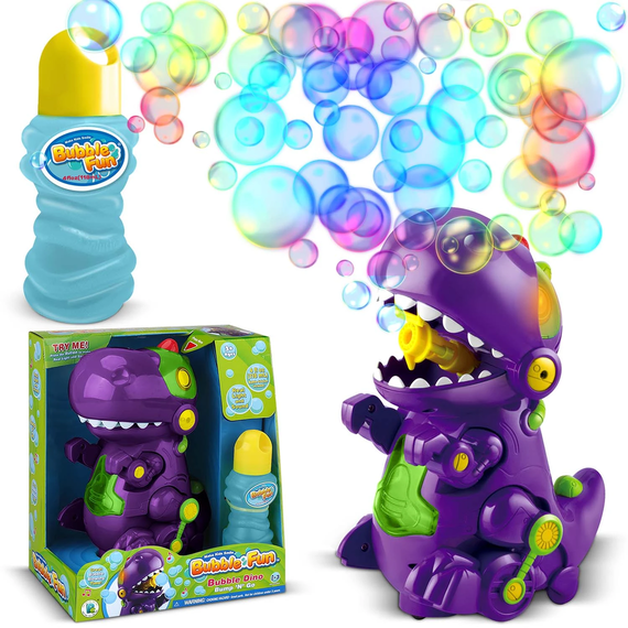 Aparat de facut baloane de sapun, bule , din plastic, usor de utilizare, in forma de dinozaur, lumineaza, canta, merge, 11,5 x 16 x 21 cm, mov, Culoare: Mov-poza 3-Dacenergy.ro