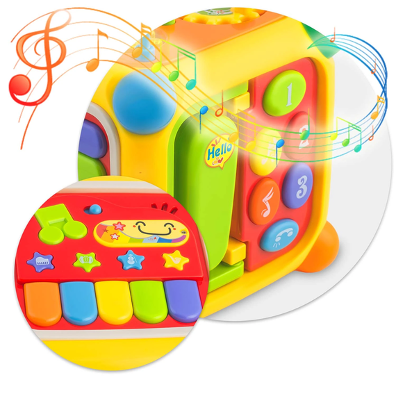 ​Cub educational , din plastic, 6 in1, sprijina invatarea, numarare, forme si culori, blocuri de sortare, panou muzical cu un pian si patru instrumente.-poza 5-Dacenergy.ro