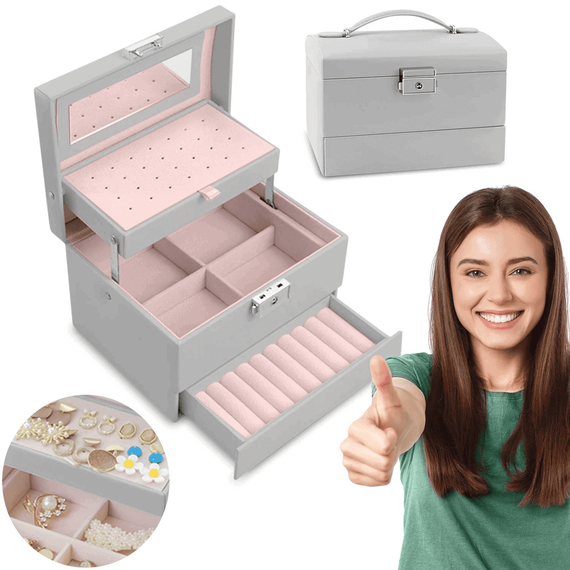 Cutie de bijuterii DacEnergy©, realizata din imitatie de piele, cu maner de transport, spatiu pentru cercei, inele, cu oglinda, 17.5 x 13.7 x12.3 cm, gri, Culoare: Gri-poza 3-Dacenergy.ro
