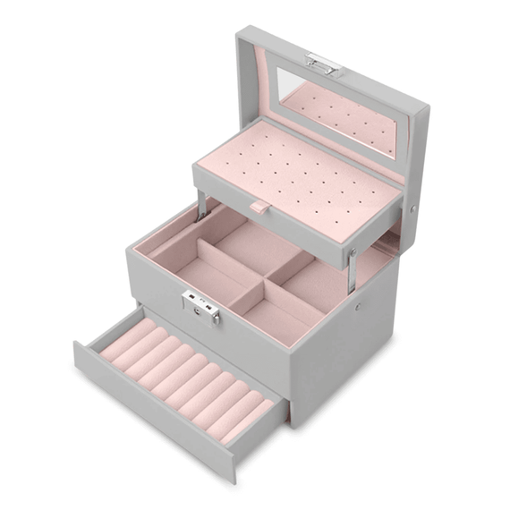 Cutie de bijuterii DacEnergy©, realizata din imitatie de piele, cu maner de transport, spatiu pentru cercei, inele, cu oglinda, 17.5 x 13.7 x12.3 cm, gri, Culoare: Gri-Dacenergy.ro