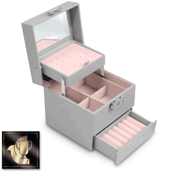 Cutie de bijuterii DacEnergy©, realizata din imitatie de piele, cu maner de transport, multiple compartimente, cu oglinda, forma patrata, 13x 13x 12. 5 cm, gri, Culoare: Gri-poza 2-Dacenergy.ro