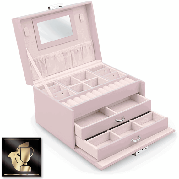 Cutie de bijuterii DacEnergy©, realizata din imitatie de piele, deschiderea in trepte, cu cheita, oglinda, 18,6x 14,8x 11 cm, roz, Culoare: Roz-poza 4-Dacenergy.ro