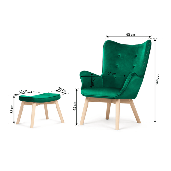 Set fotoliu de relaxare cu taburet DacEnergy©, material velur, picioare din lemn de fag, verde-poza 5-Dacenergy.ro