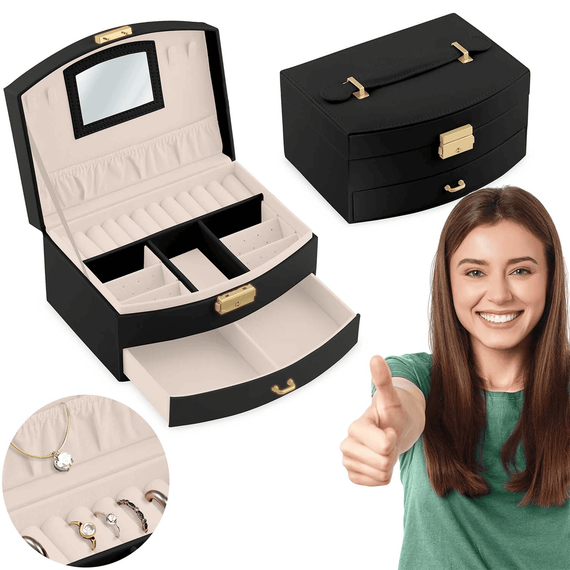 ​Cutie de bijuterii DacEnergy©, piele ecologica, maner de transport, oglinda, loc inele, spatiu cercei, cheita, 20,5x 13,5x 10,5 cm, neagra, Culoare: Negru-poza 3-Dacenergy.ro