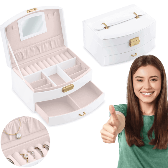 ​Cutie de bijuterii DacEnergy©, piele ecologica, maner de transport, oglinda, loc inele, spatiu cercei, cheita, 20,5x 13,5x 10,5 cm, alb, Culoare: Alb-poza 4-Dacenergy.ro