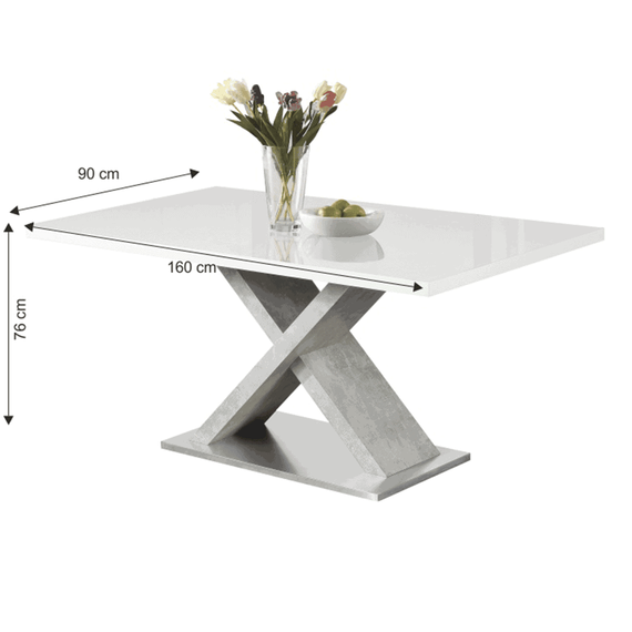 Masa bucatarie DacEnergy©, realizat din MDF si metal, fixa, 6 persoane, forma dreptunghiular, 160 x90 x76 cm, alb lucios, beton si crom-poza 2-Dacenergy.ro