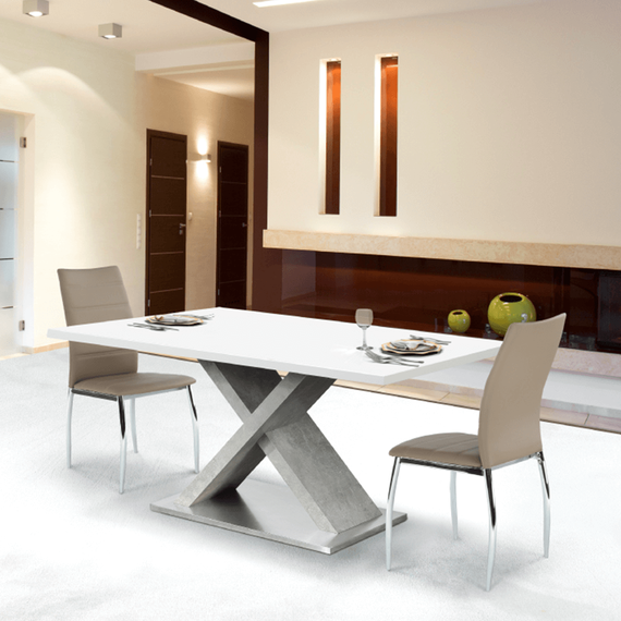 Masa bucatarie DacEnergy©, realizat din MDF si metal, fixa, 6 persoane, forma dreptunghiular, 160 x90 x76 cm, alb lucios, beton si crom-poza 3-Dacenergy.ro