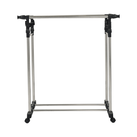 Cuier DacEnergy©, realizat din inox si plastic, mobil cu roti, doua bare de haine cu inaltime reglabila, 145x43x90-160 cm, negru-poza 5-Dacenergy.ro