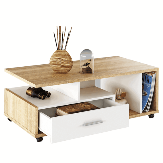 Masuta de cafea DacEnergy©, realizata din PAL, design simplu, finisaj alb si stejar sonoma, 112 x 58 x 42 cm-poza 2-Dacenergy.ro