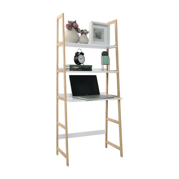 Etajera DacEnergy©, realizata din MDF si bambus lacuit, multifunctionala, practica, 63x149x36 cm, 3 rafturi, spatiu pentru scaun, finisaj alb si natur-poza 2-Dacenergy.ro