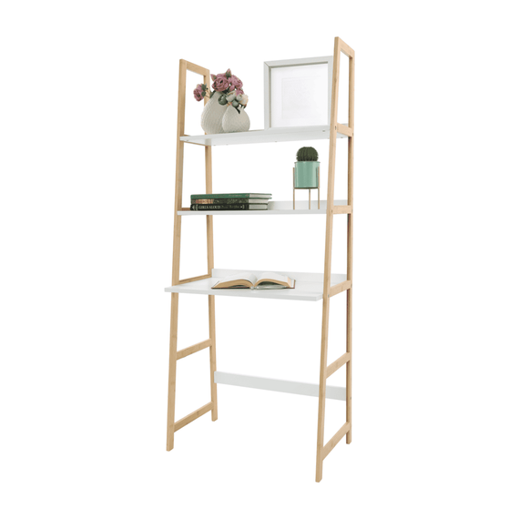 Etajera DacEnergy©, realizata din MDF si bambus lacuit, multifunctionala, practica, 63x149x36 cm, 3 rafturi, spatiu pentru scaun, finisaj alb si natur-poza 3-Dacenergy.ro