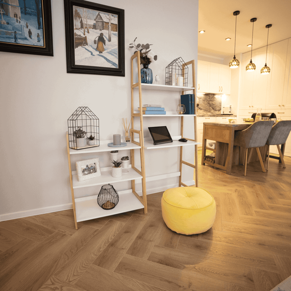 Etajera DacEnergy©, realizata din MDF si bambus lacuit, multifunctionala, practica, 63x149x36 cm, 3 rafturi, spatiu pentru scaun, finisaj alb si natur-poza 4-Dacenergy.ro