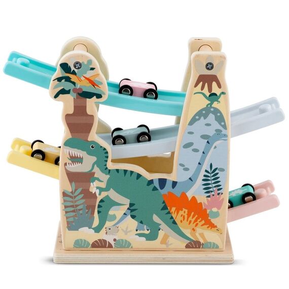 Circuit cu masini din lemn si rampa etajata, stimuleaza imaginatia si creativitatea, model cu dinozauri, Montessori, 30 x 24 x 9.5 cm, multicolor, Culoare: Multicolor-poza 2-Dacenergy.ro