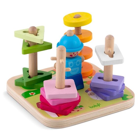Jucarie de sortare pentru copii, din lemn, 16 blocuri de sortare, 5 console de sortare, sprijina invatarea formelor si culorilor, 12 x 7.5 x 7.5 cm-Dacenergy.ro
