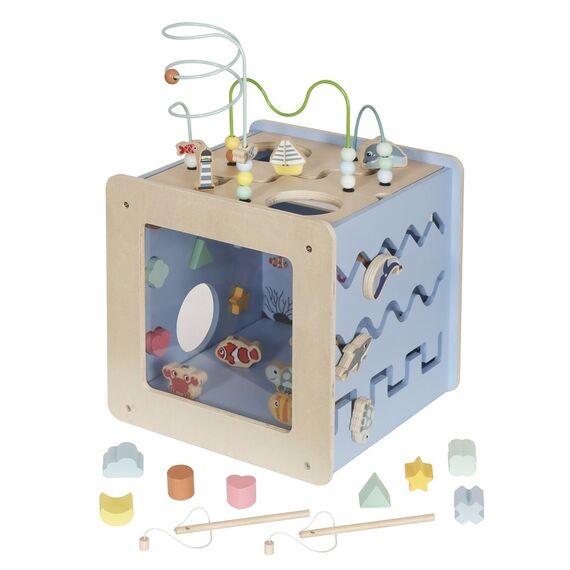 Cub de activitate DacEnergy©, cu 5 activitati, joc de pescuit, forme geometrice, labirint, tema oceanului, dexteritatea, 30 x 29,5 x 48 cm, albastru, Culoare: Albastru-poza 2-Dacenergy.ro