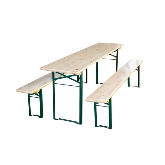 Set berarie DacEnergy©, masa dreptunghiulara si 2 banci, pliabil, usor de transportat si depozitat, din metal si lemn, 220 x 70 x 74 cm, natur-Dacenergy.ro
