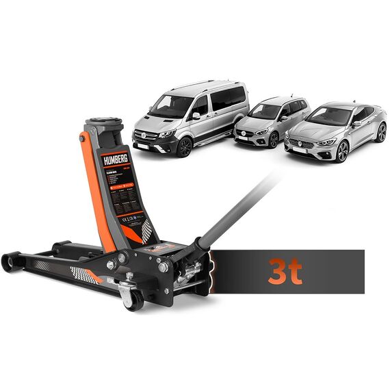 Cric auto hidraulic, realizat din otel si aluminiu, capacitate mare de ridicare de 3 tone, inaltimea de ridicare 75 - 505 mm, roti pivotante la 360° cu rulmenti, 68 x 35 cm, negru si portocaliu-poza 2-Dacenergy.ro