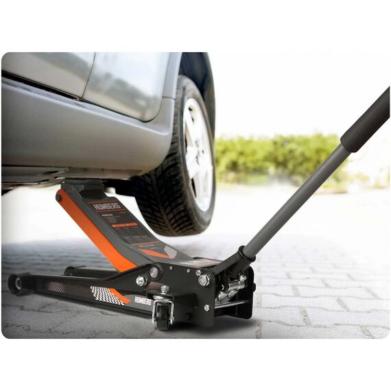 Cric auto hidraulic, realizat din otel si aluminiu, capacitate mare de ridicare de 3 tone, inaltimea de ridicare 75 - 505 mm, roti pivotante la 360° cu rulmenti, 68 x 35 cm, negru si portocaliu-poza 10-Dacenergy.ro