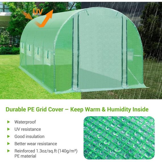 Solar gradina DacEnergy©, tevi din otel, folie PE 140g/m2, 16 ferestre cu plasa de tantari, 8x 3x 2 m, doua usi acces, suprafata totala 24m2, rezistenta la UV4, verde, Tip deschidere: Frontala , Spate, Culoare: Verde, Latime: 300 cm, Lungime: 800 cm-poza 2-Dacenergy.ro