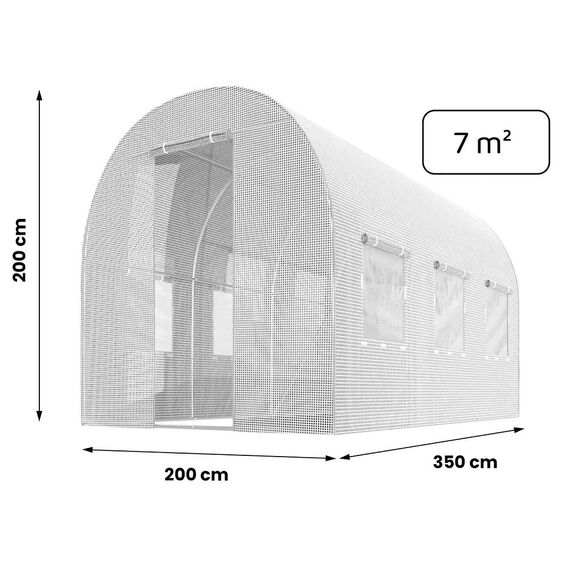 Solar gradina DacEnergy©, profile din otel, folie PE 140g/m2, intrare cu fermoar, 6 ferestre cu plasa de tantari, 2x3,5m, suprafata totala 7m2, rezistenta la UV4, alb-poza 2-Dacenergy.ro