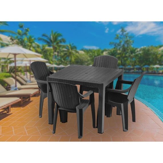 Set masa DacEnergy©, fabricat din polipropilena, cu model impletitura de ratan, forma patrata, cu 4 scaune, pentru interior/ exterior, 90 x 90 x 74.5 cm, gri, Numar persoane	: 4, Culoare: Gri-poza 2-Dacenergy.ro