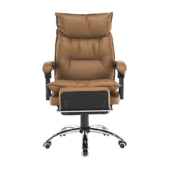 Scaun de birou DacEnergy, tapitat in piele ecologica, forma ergonomica, suport de picioare, inaltime reglabila, cotiere tapitate, 68 x 77 x 105-111 cm, maro si crom, Culoare: Maro, Crom-poza 3-Dacenergy.ro